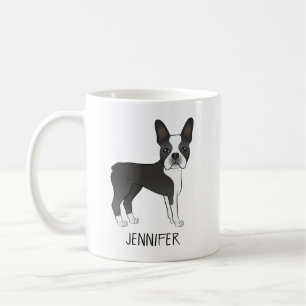 黒と白のボストンテリアのキャラクターデザイン 犬 + 名前 コーヒーマグカップ