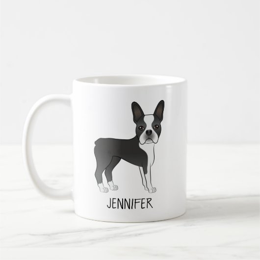 黒と白のボストンテリアのキャラクターデザイン 犬 + 名前 コーヒーマグカップ (左)