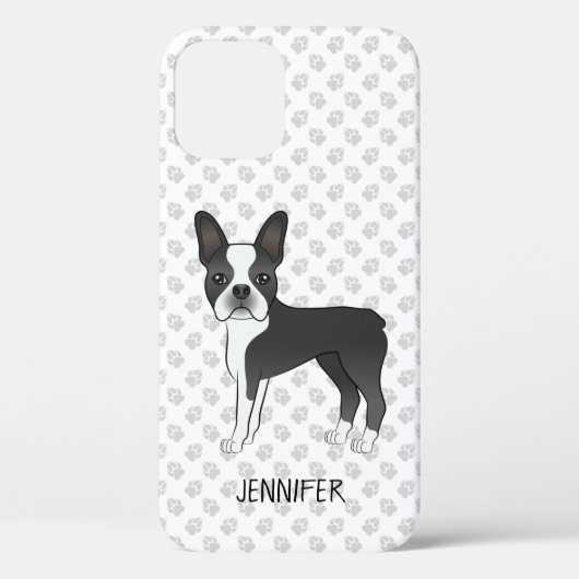 黒と白のボストンテリアのキャラクターデザイン 犬 + 名前 Case-Mate iPhoneケース (裏面)