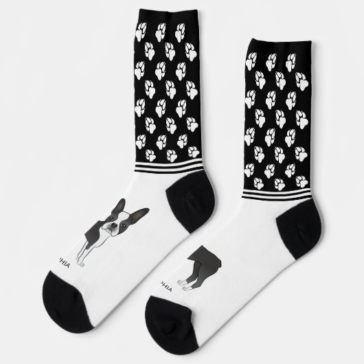 黒と白のボストンテリアの名前と手 ソックス (左)