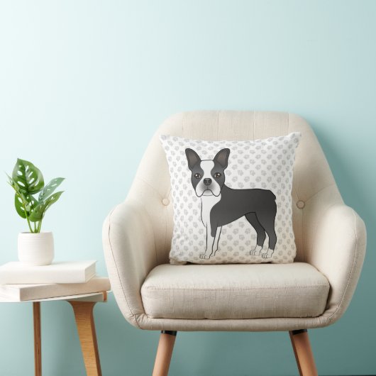 黒と白のボストンテリアの漫画の犬と足 クッション (椅子)