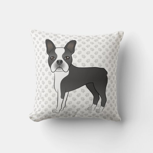黒と白のボストンテリアの漫画の犬と足 クッション (正面)