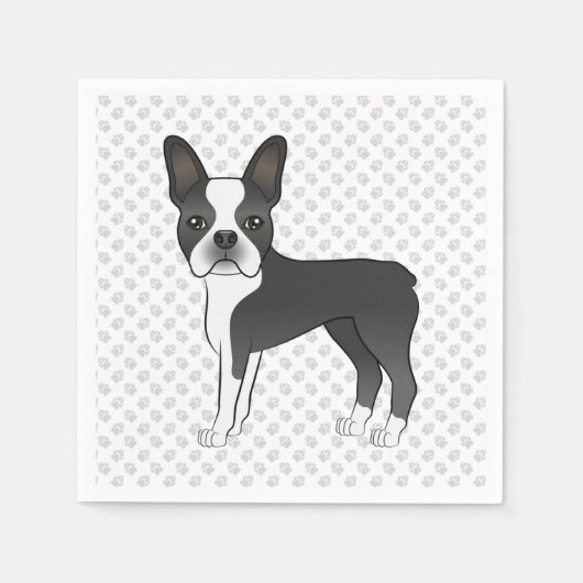 黒と白のボストンテリアの漫画の犬と足 スタンダードカクテルナプキン (正面)