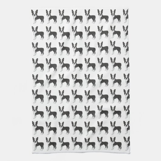 黒と白のボストンテリアの漫画の犬のパターン キッチンタオル (縦)