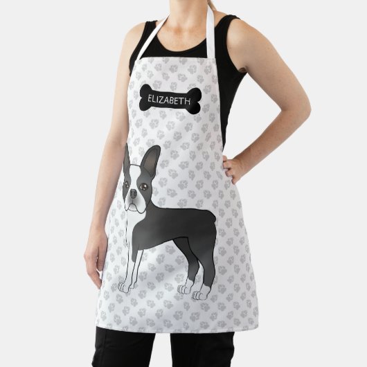 黒と白のボストンテリア漫画の犬と名前 エプロン (インサイチュ)