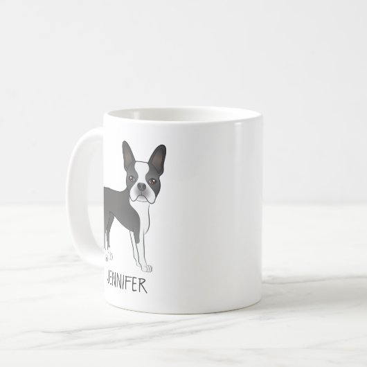 黒と白のボストンテリア漫画の犬と名前 コーヒーマグカップ (正面左)
