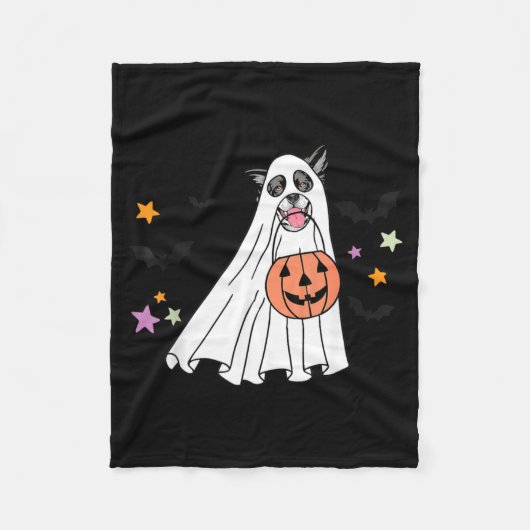 黒と白のボーダーコリーのBoo犬のハロウィン フリースブランケット (正面)
