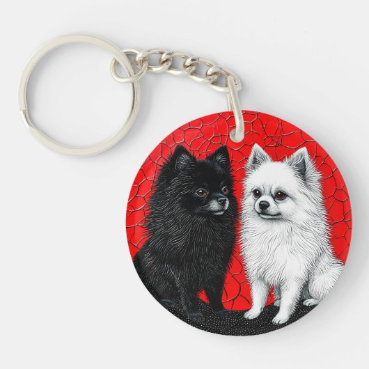 黒と白のポメラニアン犬 キーホルダー (正面)