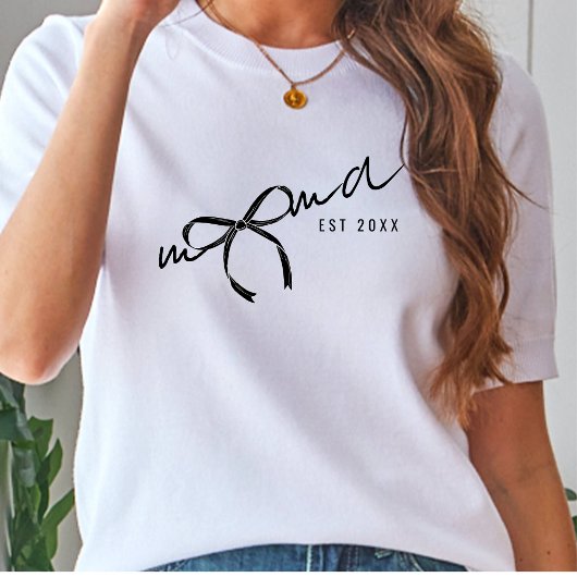 黒と白のママ レタリング リボン  女性用 Tシャツ