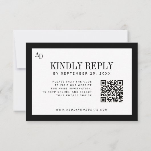 黒と白のモダンなオールドマネーの結婚式ウェブサイトQR 出欠カード (正面)