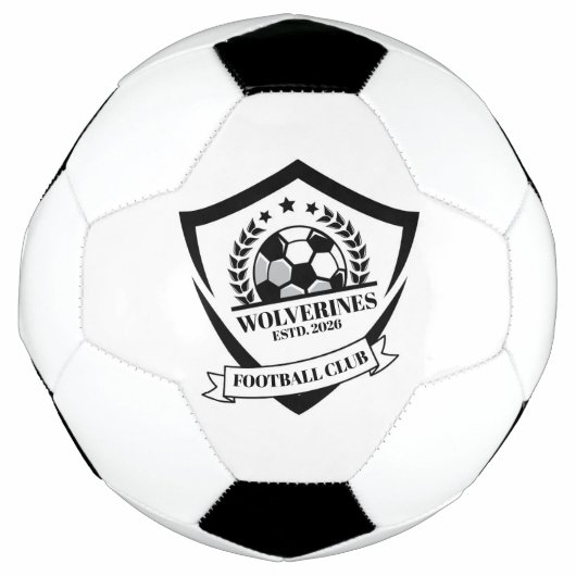 黒と白のモダンなサッカークラブロゴカスタム サッカーボール (正面)
