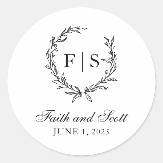 黒と白のモノグラムリースステッカー ラウンドシール (正面)