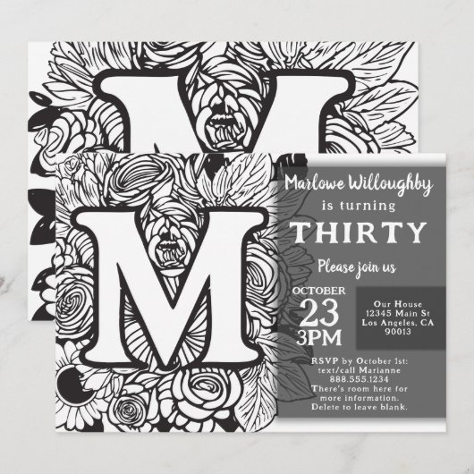 黒と白のモノグラム タトゥー 花 誕生日 招待状 (正面/裏面)