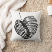 黒と白のモンステラの葉の熱帯ヤシ クッション (ブランケット)