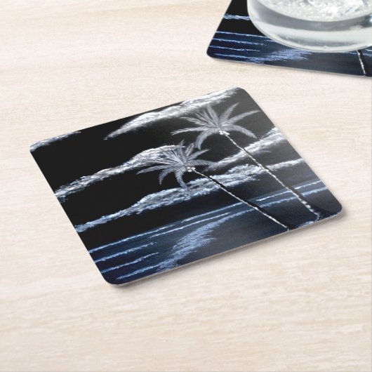 黒と白のヤシの木 スクエアペーパーコースター (アングル)