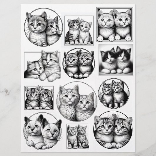 黒と白のラインアートスケッチの子猫ペア (正面)