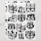 黒と白のラインアートスケッチの子猫ペア (正面/裏面)