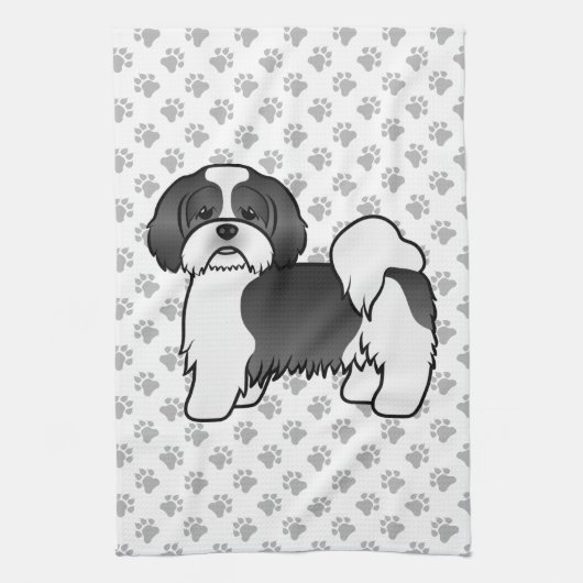 黒と白のラサ・アプソ かわいいキャラクター 犬 キッチンタオル (縦)