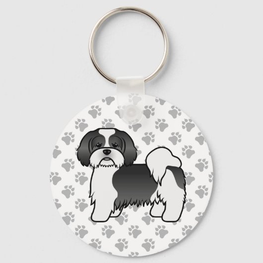 黒と白のラサ・アプソ かわいいキャラクター 犬 キーホルダー (正面)
