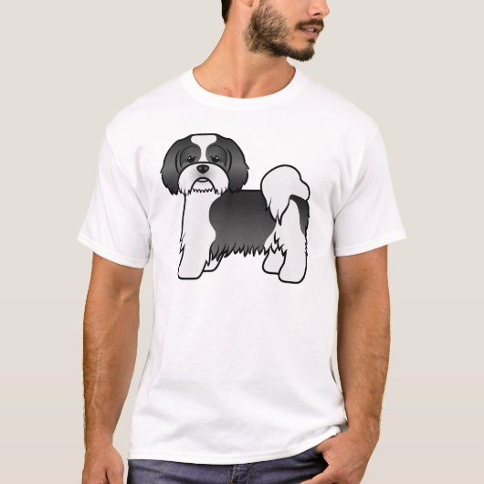 黒と白のラサ・アプソ かわいいキャラクター 犬 Tシャツ (正面)