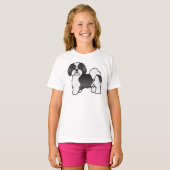 黒と白のラサ・アプソ かわいいキャラクター 犬 Tシャツ (正面フル)