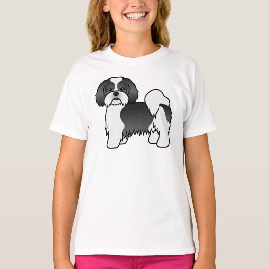 黒と白のラサ・アプソ かわいいキャラクター 犬 Tシャツ (正面)