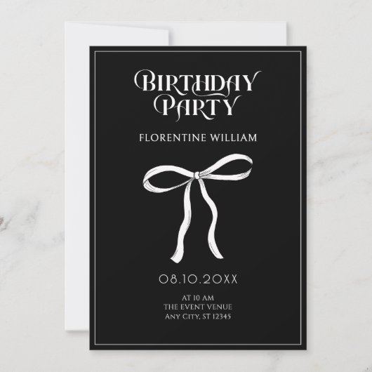 黒と白のリボン誕生日 招待状 (正面)