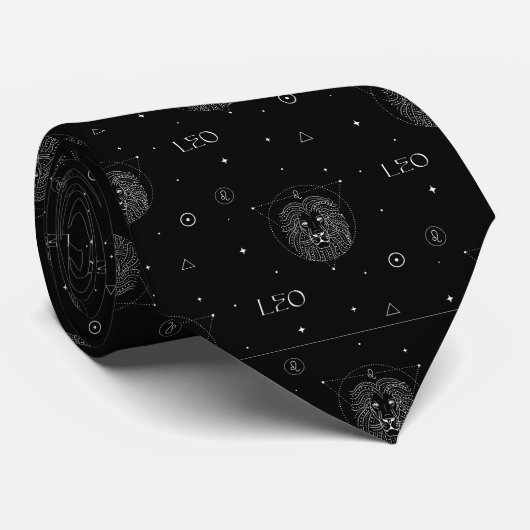黒と白のレオ十二星座パターン ネクタイ (ロール)
