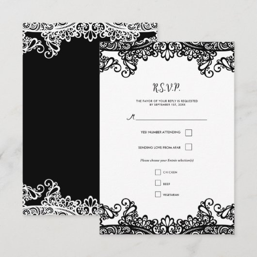 黒と白のレースのエレガントな結婚式RSVP 出欠カード (正面/裏面)