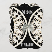 黒と白のレースの紙カットダマスクの結婚式 招待状 (正面/裏面)