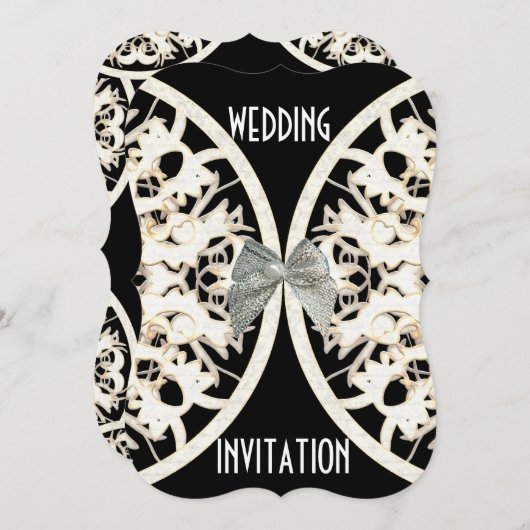 黒と白のレースの紙カットダマスクの結婚式 招待状 (正面/裏面)