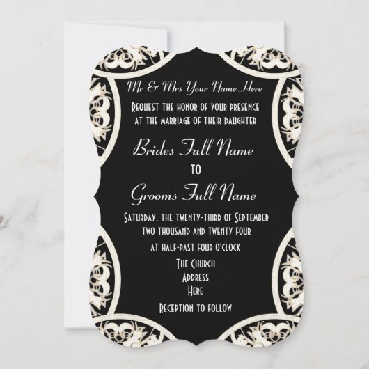黒と白のレースの紙カットダマスクの結婚式 招待状 (裏面)