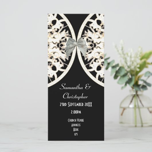 黒と白のレースダマスク教会の結婚式プログラム プログラム (スタンド正面)