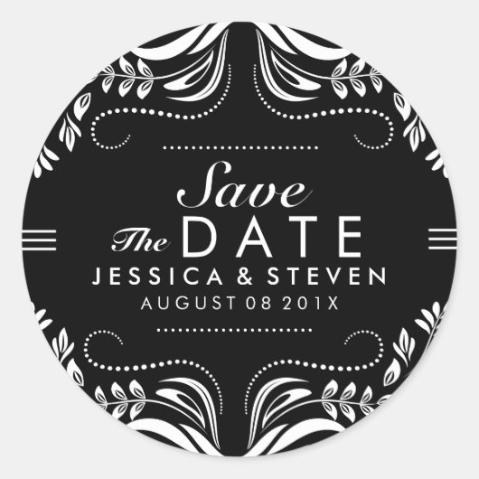 黒と白のレース日付のステッカーを保存2 ラウンドシール (正面)