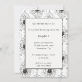 黒と白のレース風フラワー 誕生日 招待状 (正面)