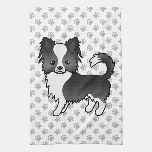 黒と白のロングコートチワワ 犬と前足 キッチンタオル (縦)