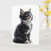黒と白のロングヘアー猫 ブランク グリーティング カード (黄色い花)