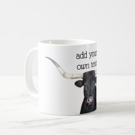 黒と白のロングホーン牛あなたの独自の引用文を追加 コーヒーマグカップ (正面左)