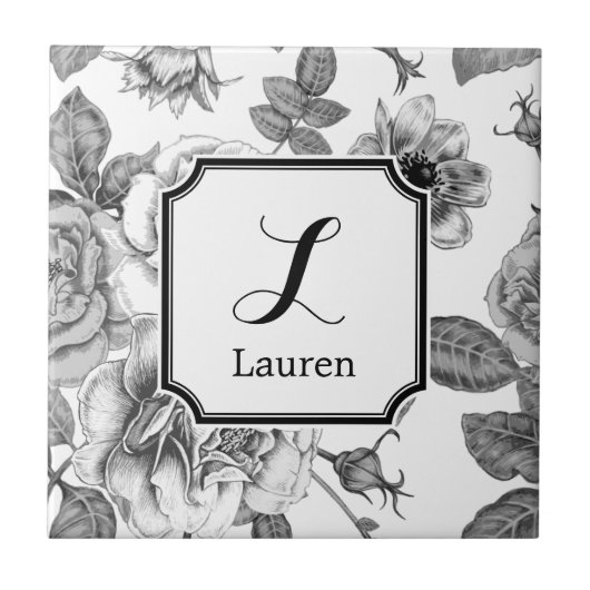 黒と白のローズパターン タイル (正面)