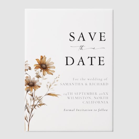 黒と白のワイルドフラワーの結婚式の日付を保存 ベラム紙招待状 (正面)