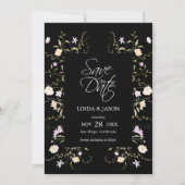 黒と白のワイルドフラワーウェディング日付を保存 招待状 (正面)