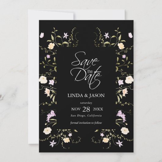 黒と白のワイルドフラワーウェディング日付を保存 招待状 (正面)