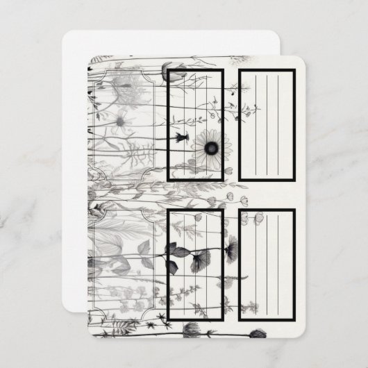 黒と白のワイルドフラワーラベル、レシピ、ラベル ノートカード (正面/裏面)