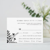 黒と白のワイルドフラワー結婚の食事の選択 出欠カード (スタンド正面)