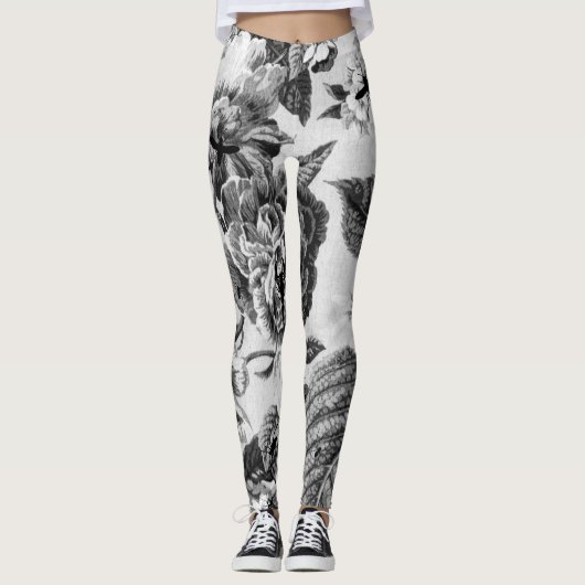 黒と白のヴィンテージの花と虫と蜂 レギンス (正面)