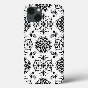 黒と白のヴィンテージスタイルのダマスク柄 iPhone 13ケース