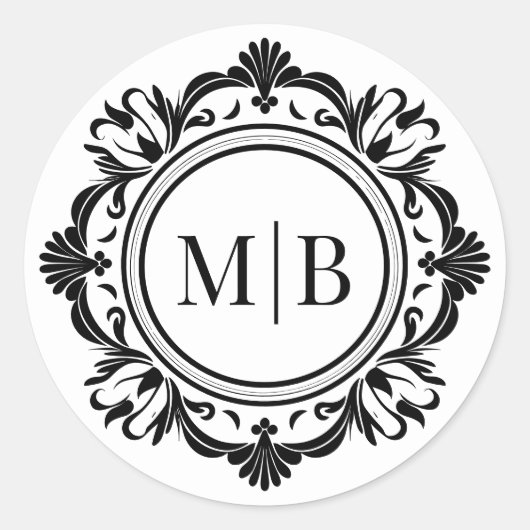 黒と白の上品な花柄の結婚式モノグラム ラウンドシール (正面)