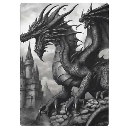 黒と白の中世ゴシックのドラゴンクリップボード クリップボード (裏面)