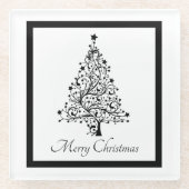 黒と白の二重のミニマルクリスマスツリー ガラスコースター (正面)