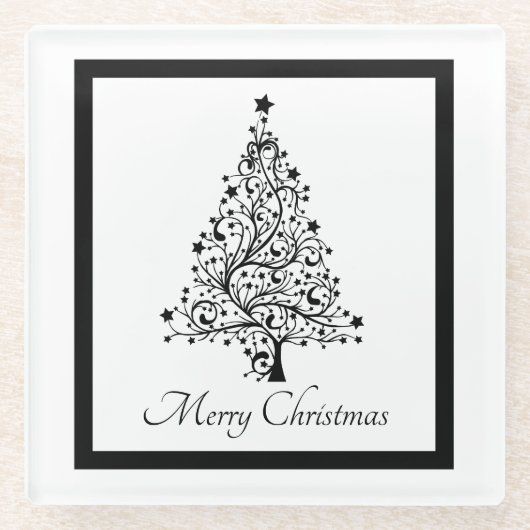 黒と白の二重のミニマルクリスマスツリー ガラスコースター (正面)